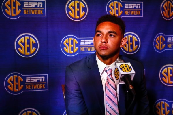 Tennessee quarterback Jarrett Guarantano speaks to reporters during the NCAA college football Southeastern Conference Media Days, Tuesday, July 16, 2019, in Hoover, Ala. (AP Photo/Butch Dill)