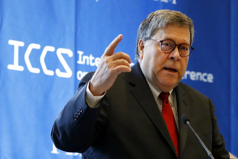 U.S. Attorney General William Barr addresses the International Conference on Cyber Security, hosted by the FBI and Fordham University, at Fordham University in New York, Tuesday, July 23, 2019. (AP Photo/Richard Drew)