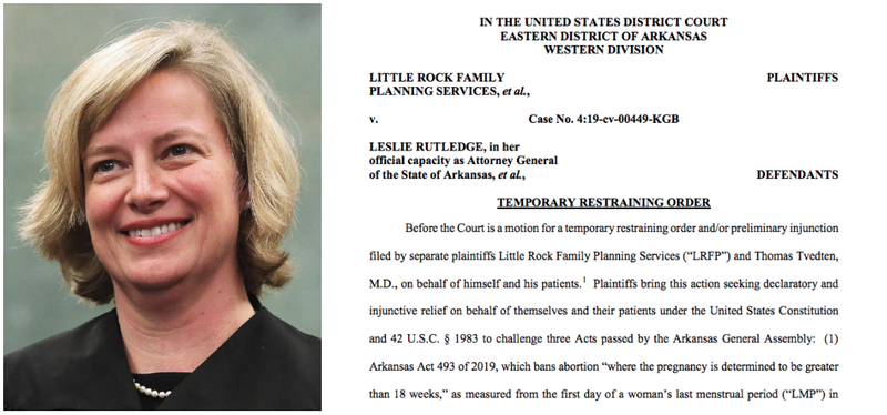 U.S. District Judge Kristine Baker is shown beside a screenshot of her order temporarily blocking three Arkansas abortion laws that were set to go into effect on Wednesday.