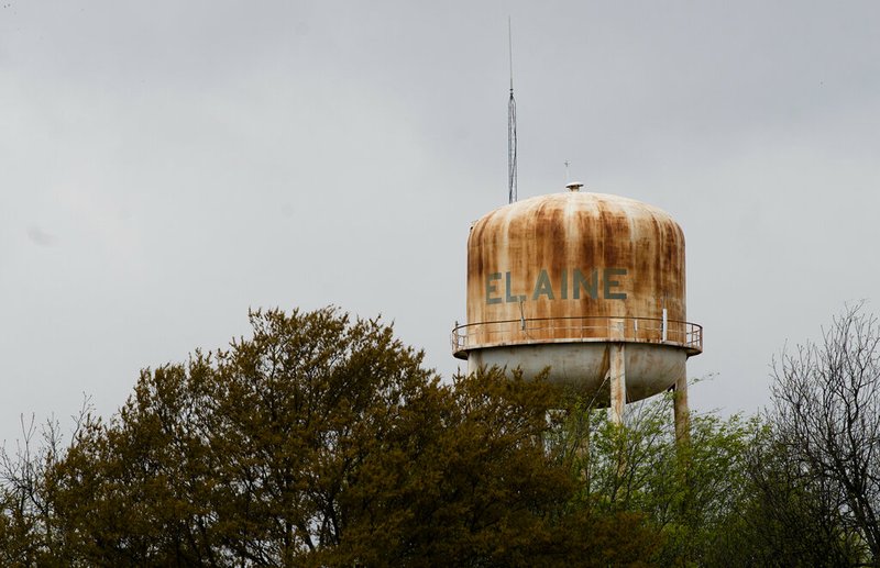 This April 13, 2018, photo, shows the water tower in Elaine, Ark. Elaine was the site of one of the largest racial mass killings in U.S. history.  (Albert Cesare/Montgomery Advertiser via AP)