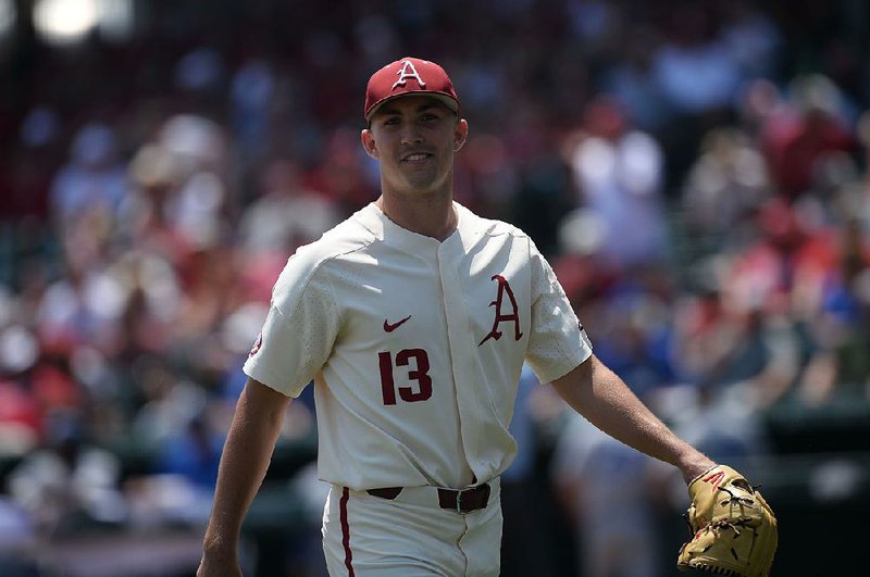 Arkansas starter Connor Noland smiles Friday, May 31, 2019, as he leaves the field after the third out of the Central Connecticut fifth inning during the Razorbacks' 11-5 win at Baum-Walker Stadium in Fayetteville. 