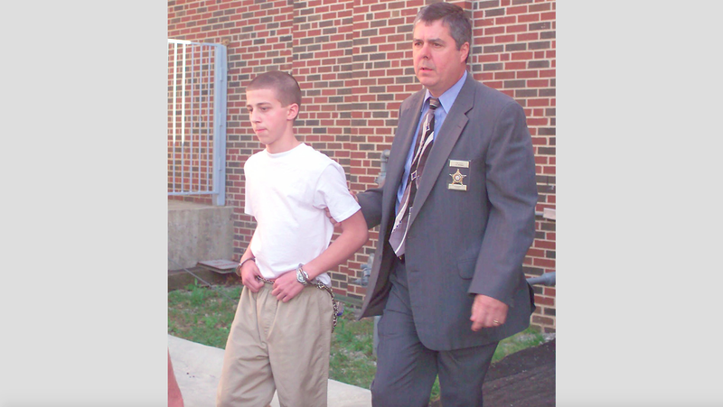 Convicted Westside Middle School shooter Andrew Golden, 13, is escorted from the Craighead County Courthouse in Jonesboro, Ark., Thursday, April 27, 2000 by chief deputy sheriff Rick Thomas. (AP Photo/Jonesboro Sun, Bill Templeton)