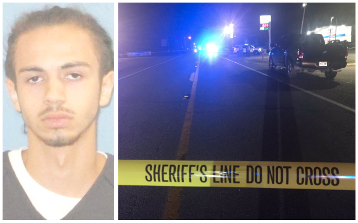 A booking photo of Seth Ray Allen is shown beside a photo released by the Pulaski County sheriff's office showing the scene of a fatal shooting late Tuesday near Jacksonville.