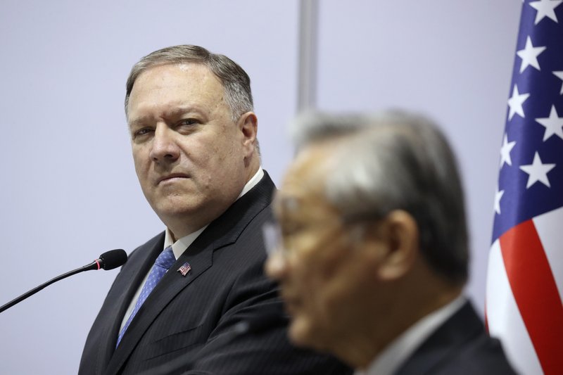 U.S. Secretary of State Mike Pompeo, left, and his Thai counterpart Don Pramudwinai, right, hold a joint press conference after a bilateral meeting, on the sidelines of the ASEAN Foreign Ministers' meeting in Bangkok, Thursday, Aug. 1, 2019. (Jonathan Ernst/Pool Photo via AP)