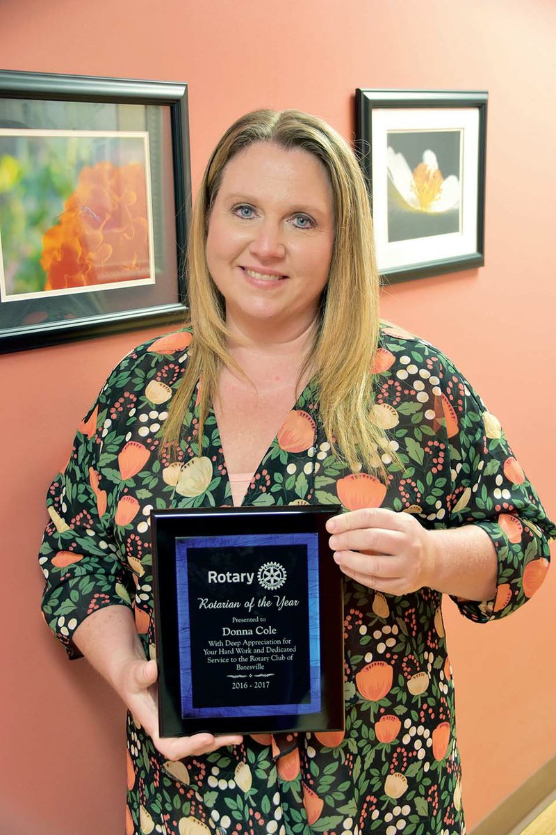 Donna Cole of Batesville holds her award for being the 2016-17 Rotarian of the Year. Cole recently started her term as president of the Rotary Club of Batesville. She got involved with Rotary at the suggestion of her boss, Josh Kemp of Ozark Information Services in Batesville.