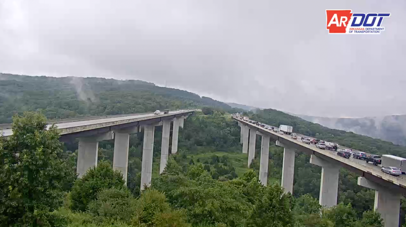 A still from an Arkansas Department of Transportation camera shows traffic backed up Saturday afternoon along Interstate 49 after several crashes caused the northbound lanes to close, authorities said. 