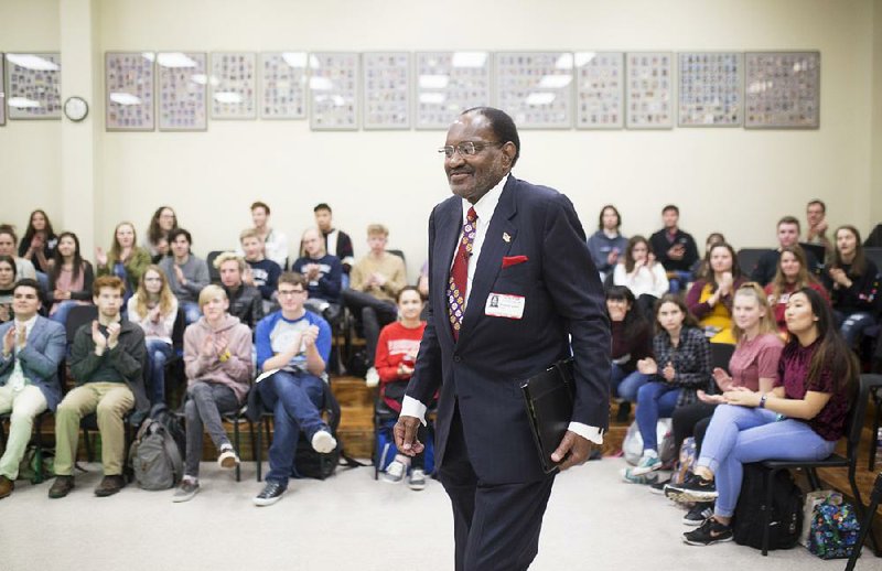 Songwriter and record producer Al Bell prepares to speak to students at Bentonville High School in 2018.