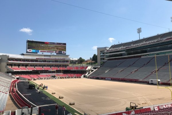 Donald W. Reynolds Razorback Stadium is shown Monday, Aug. 5, 2019, in Fayetteville. Crews are in their fifth month of a field installation at Arkansas' football home that will change the surface back to natural grass in time for the Razorbacks' Aug. 31 season opener against Portland State.