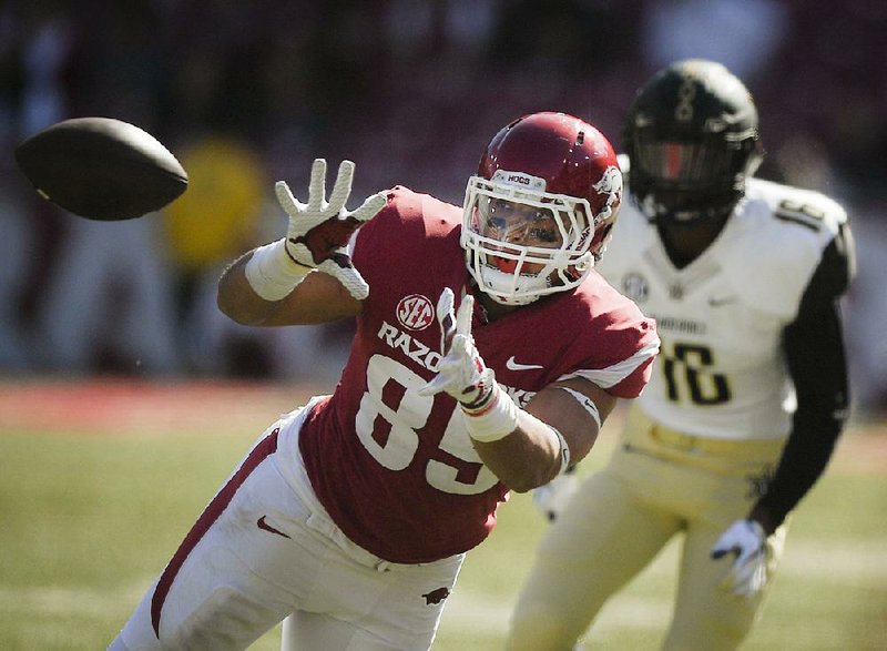 Arkansas senior tight end Cheyenne O’Grady, shown making a catch last season against Vanderbilt, tied for the team lead with 30 receptions last season and led the Razorbacks with six touchdown catches. “He’s one of the best football players in the country, and we’re going to treat him that way,” Arkansas Coach Chad Morris said.