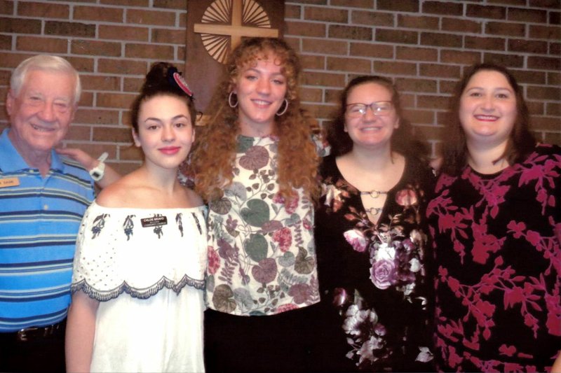 Photo submitted The Bella Vista Community Church announced the 2019 recipients of their annual scholarship program. Chloe Bravo (second, left) is a freshman at NWACC, Emily Reed is a junior at JBU and Allison Payne is a sophomore at Drury College. Representing the BVCC Foundation is Dean Dade (left) and Pastor Anna Teel (far right).
