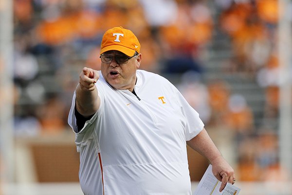 Tennessee offensive coordinator Jim Chaney points during warmups before the Orange and White spring football game at Neyland Stadium on Saturday, April 13, 2019 in Knoxville, Tenn.
