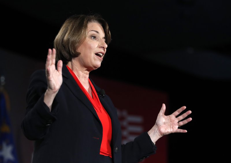 Democratic presidential candidate Sen. Amy Klobuchar, D-Minn., speaks during an American Federation of State, County and Municipal Employees Public Service Forum in Las Vegas Saturday, Aug. 3, 2019. (Steve Marcus/Las Vegas Sun via AP)