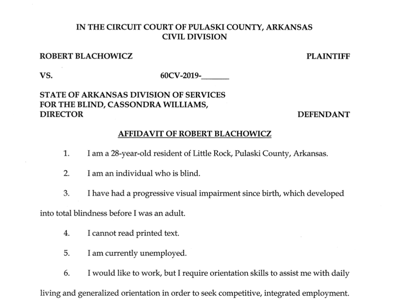 This screenshot shows the first page of an affidavit filed along with a lawsuit against the Division of Services for the Blind.

