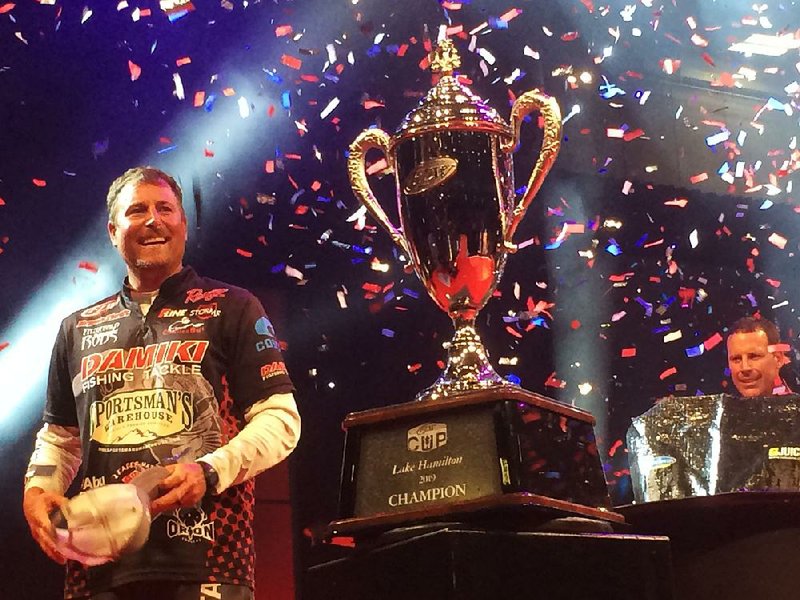 Bryan Thrift of Shelby, N.C., reacts after learning he won the FLW Cup on Sunday at the Bank OZK Arena in Hot Springs. Thrift, the leader after the tournament’s first two days, won his first FLW Cup and $300,000.
