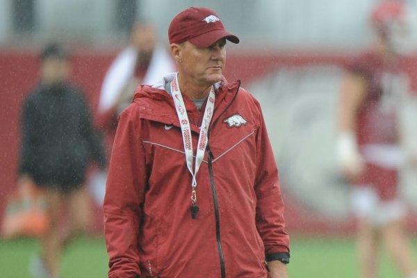 Arkansas coach Chad Morris watches his players Saturday, Aug. 3, 2019, during practice at the university practice field in Fayetteville. Visit nwad.com/photos to see more photographs from the practice.