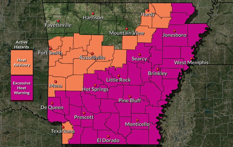 A National Weather Service map showed areas of Arkansas projected to be under heat advisories and excessive heat warnings Tuesday.