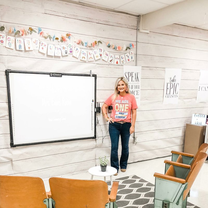 Evan Tubbs Owens stands in her newly-decorated classroom at Noble Elementary in Hamburg. A Facebook post she published Thursday about her classroom has received thousands of shares and comments.