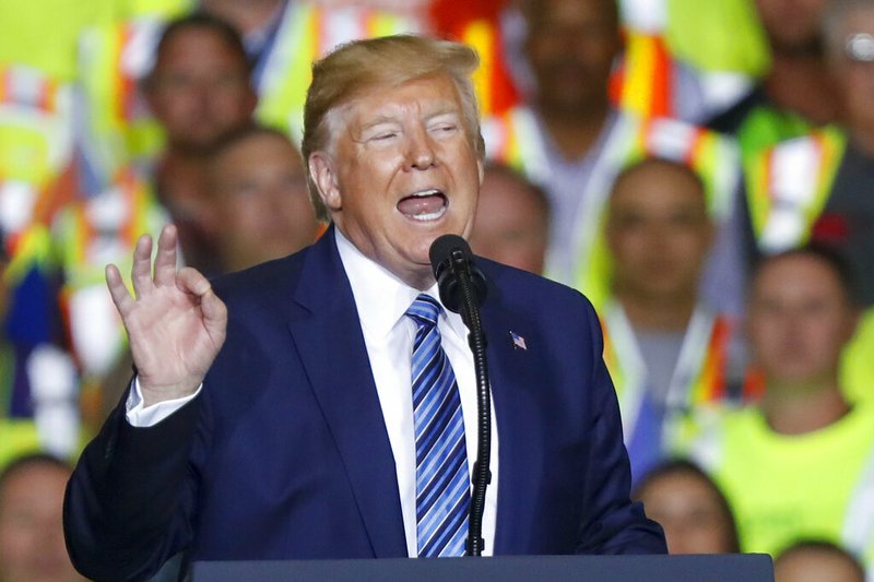 President Donald Trump speaks at the Pennsylvania Shell ethylene cracker plant on Tuesday, Aug. 13, 2019 in Monaca, Pa. (AP Photo/Keith Srakocic)