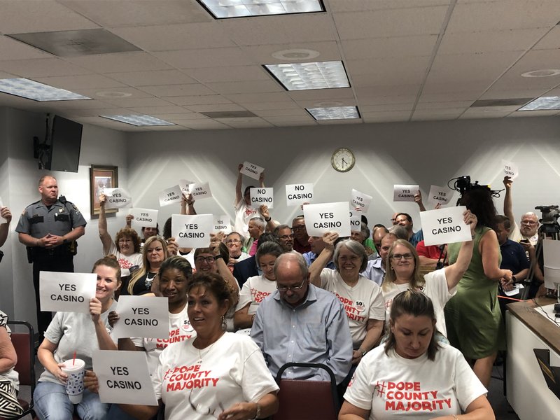 A full audience packs the meeting room where the Pope County Quorum Court holds a special meeting Tuesday evening to discuss granting a casino license. Many in the room are members of Pope County Majority, a group formed to advocate for building a casino there. 