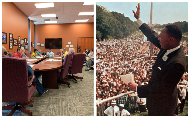 LEFT: The Unity Coalition Advisory Committee meets earlier this month in Jonesboro. (Stephen Simpson / Arkansas Democrat-Gazette) RIGHT: In this Aug. 28, 1963, file photo the Rev. Martin Luther King Jr. acknowledges the crowd at the Lincoln Memorial for his "I Have a Dream" speech during the March on Washington, D.C. (AP file photo)