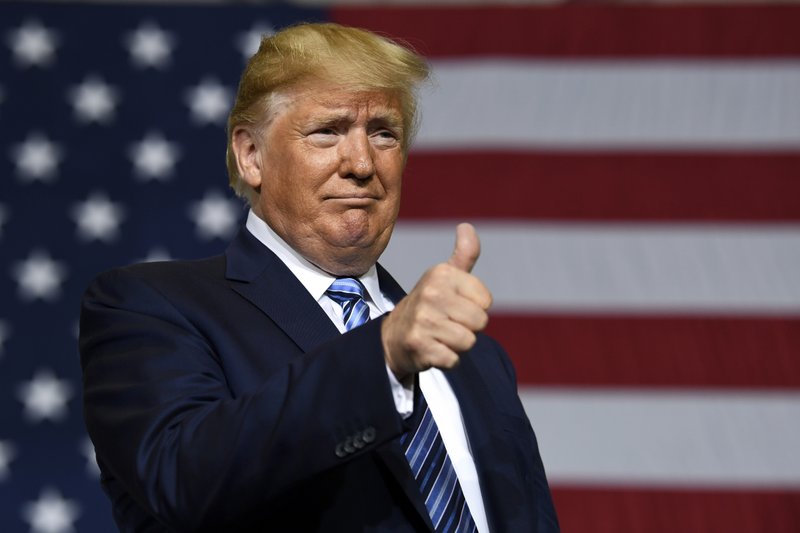 President Donald Trump arrives to speaks Tuesday, Aug. 13, 2019, during a visit to Shell's soon-to-be completed Pennsylvania Petrochemicals Complex in Monaca, Pa. (AP Photo/Susan Walsh)