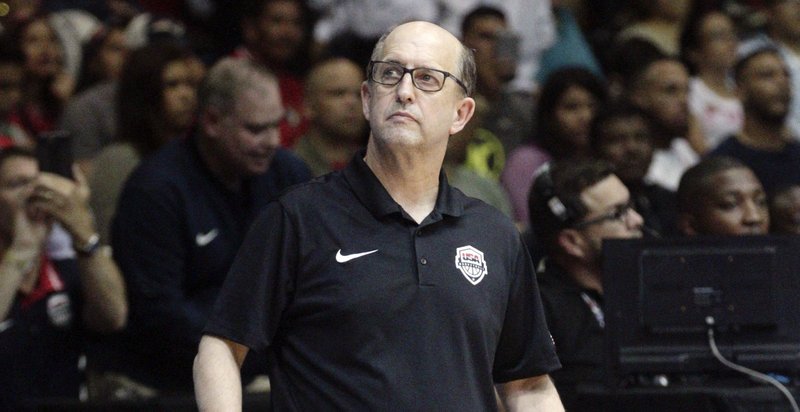 In this Sept. 17, 2018, file photo, U.S. basketball coach Jeff Van Gundy stands on the sidelines during a FIBA Basketball World Cup 2019 qualifier against Panama in Panama City, Panama.