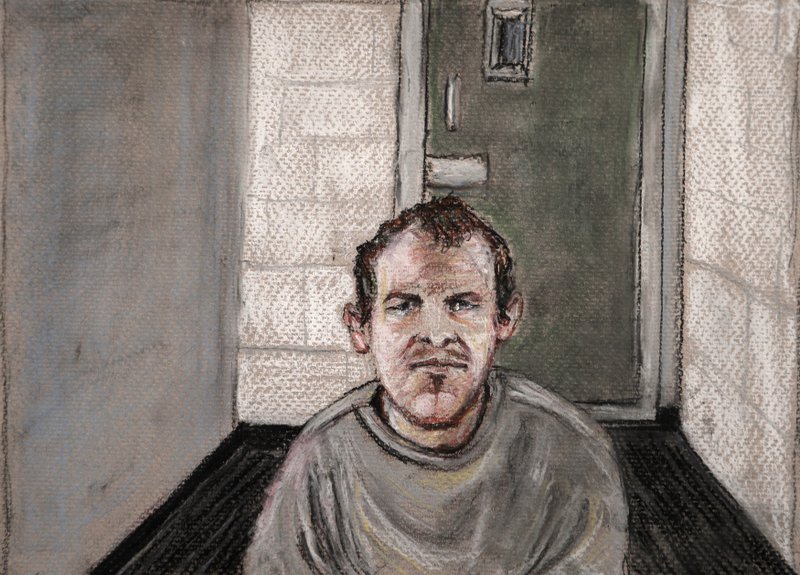 In this June 14, 2019, file courtroom drawing, Brenton Tarrant, the man accused of killing 51 people at two Christchurch mosques on March 15, 2019 appears via video link at the Christchurch District Court, from the maximum security prison in Auckland where he's being held, Christchurch, New Zealand. New Zealand officials admitted Wednesday, Aug. 14, 2019 that they made a mistake by allowing Tarrant to send a hand-written letter from his prison cell. (AP Photo/Stephanie McEwin, File)