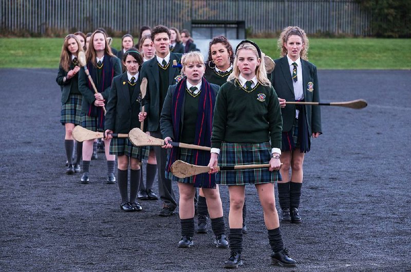 The principal cast of Netflix’s Derry Girls includes (from left) Jenny (Leah O’Rourke), James (Dylan Llewellyn), Clare (Nicola Coughlan), Michelle (Jamie-Lee O’Donnell), Erin (Saoirse-Monica Jackson) and Orla (Louisa Harland). 