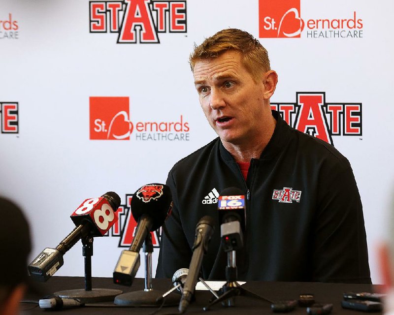 Arkansas State head coach Blake Anderson talks about his outlook for the Red Wolves' season during the ASU media day on Thursday, Aug. 1, 2019, at the ASU football complex in Jonesboro. 