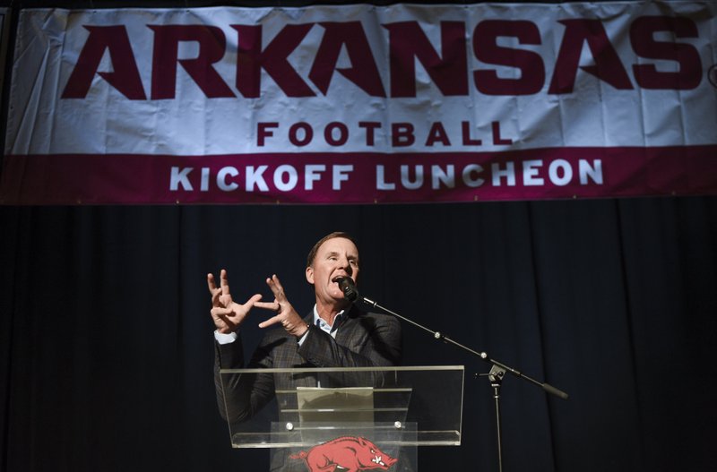 NWA Democrat-Gazette/Charlie Kaijo KICKING IT OFF: Coach Chad Morris speaks during the Razorbacks Kickoff Luncheon Friday at the John Q. Hammons Center in Rogers. The Razorbacks held their annual kickoff lunch, and Morris gave a preview of the upcoming season.