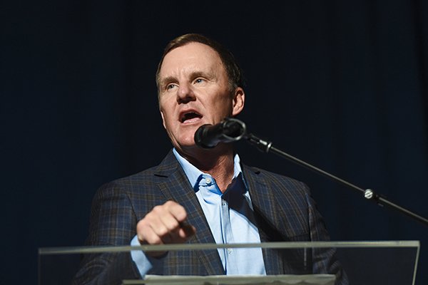 Arkansas coach Chad Morris speaks during the Razorbacks' annual football kickoff luncheon Friday, Aug. 16, 2019, in Rogers. 