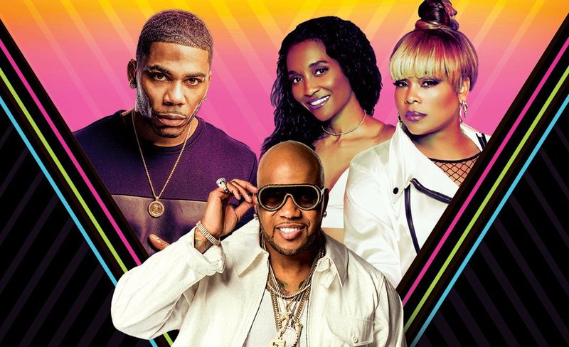 Rapper Nelly (top left), TLC and Flo Rida (center) perform Tuesday at the Walmart AMP in Rogers.