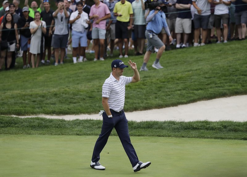 Justin Thomas celebrates an eagle on the 16th hole during the third round of the BMW Championship golf tournament at Medinah Country Club, Saturday, Aug. 17, 2019, in Medinah, Ill. (AP Photo/Nam Y. Huh)