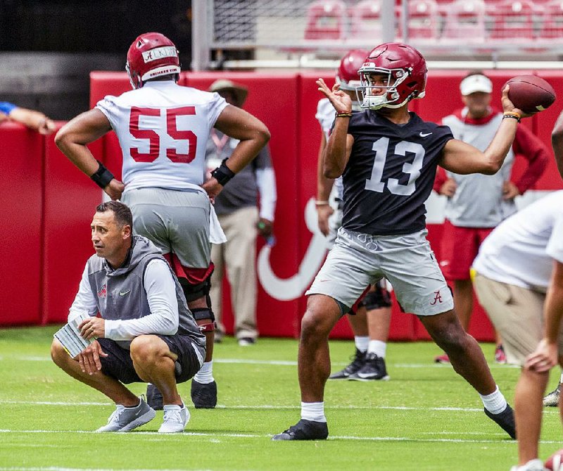 labama quarterback Tua Tagovailoa works through drills during a practice Aug. 3 at Bryant-Denny Stadium in Tuscaloosa, Ala. Alabama has competed in the national title game seven out of the past 10 seasons.