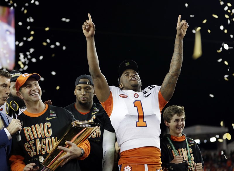 FILE - In this Jan. 7, 2019, file photo, Clemson's Trayvon Mullen celebrates after the NCAA college football playoff championship game against Alabama, in Santa Clara, Calif. For the first time, the defending national champion Tigers are No. 1 in The Associated Press preseason Top 25 presented by Regions Bank, Monday, Aug. 19, 2019. (AP Photo/David J. Phillip, File)
