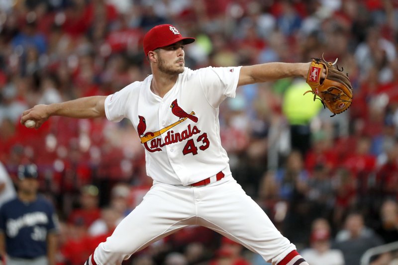 St. Louis Cardinals starting pitcher Dakota Hudson throws during the fourth inning of a baseball game against the Milwaukee Brewers, Monday, Aug. 19, 2019, in St. Louis. (AP Photo/Jeff Roberson)