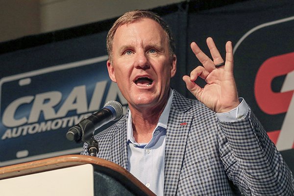 Arkansas coach Chad Morris speaks at the Little Rock Touchdown Club on Tuesday, Aug. 20, 2019, at Statehouse Convention Center in Little Rock. 