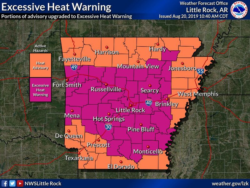 This National Weather Service graphic shows much of the state will be under an excessive heat warning on Tuesday. 