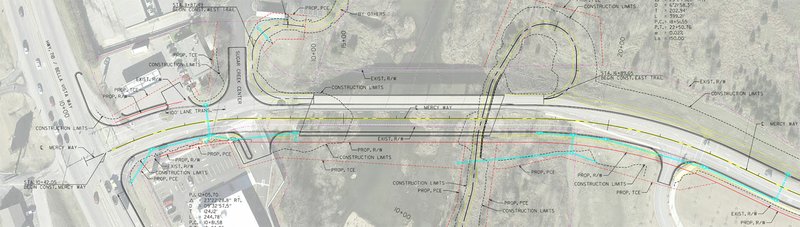 Image provided by the City of Bella Vista A proposed plan for the Mercy Way expansion overlaid on satellite imagery shows a widened road, a greenway expansion that runs alonside the widened bridge and a hard right turn onto U.S. Highway 71's northbound lane to replace the current merge lane, which Community Development Services director Doug Tapp said has seen multiple accidents.