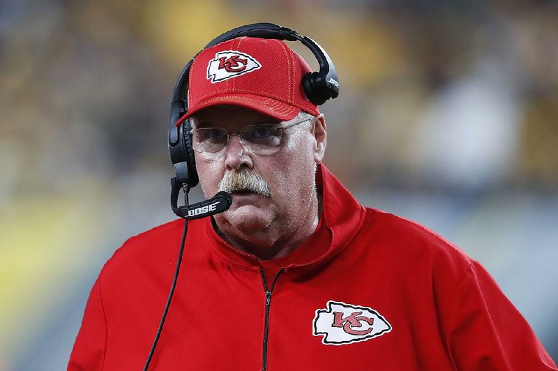 Kansas City Chiefs head coach Andy Reid walks along the sidelines as the team plays against the Pittsburgh Steelers in the first half of a preseason NFL football game, Saturday, Aug. 17, 2019, in Pittsburgh.