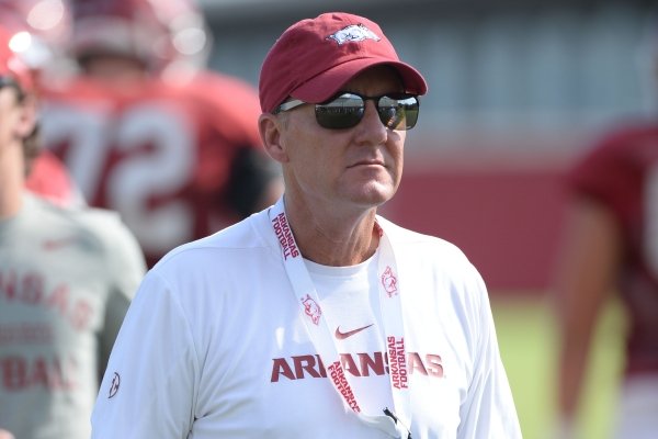 Arkansas coach Chad Morris speaks to his team Tuesday, Aug. 20, 2019, during practice at the university's practice facility in Fayetteville. Visit nwadg.com/photos to see more photographs from the practice.
