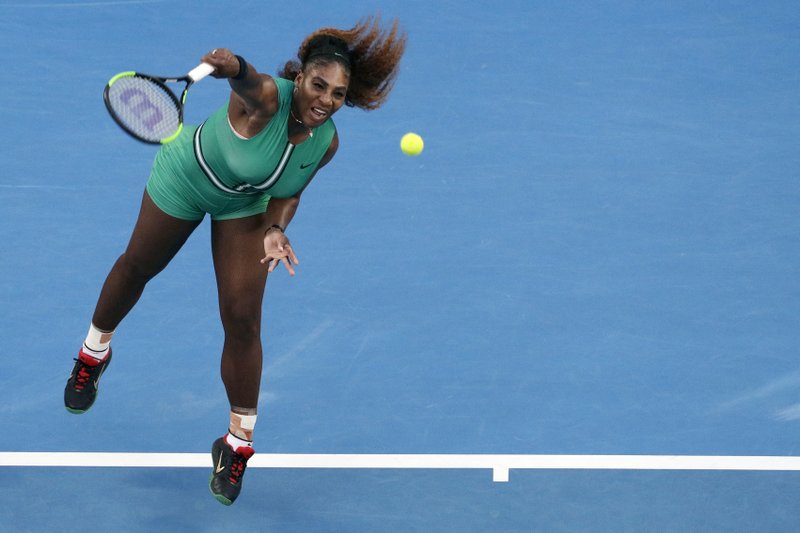 FILE - In this Jan. 21, 2019, file photo, Serena Williams serves to Romania's Simona Halep during their fourth round match at the Australian Open tennis championships in Melbourne, Australia. Serena Williams and Maria Sharapova will finally meet in the U.S. Open, and they&#x2019;ll do it right in their very first match. The past U.S. Open champions, two of the biggest superstars in women&#x2019;s tennis, were sent into an opening-round matchup when the draws were conducted Thursday, Aug. 22, 2019, for the final major of the year. (AP Photo/Mark Schiefelbein, File)