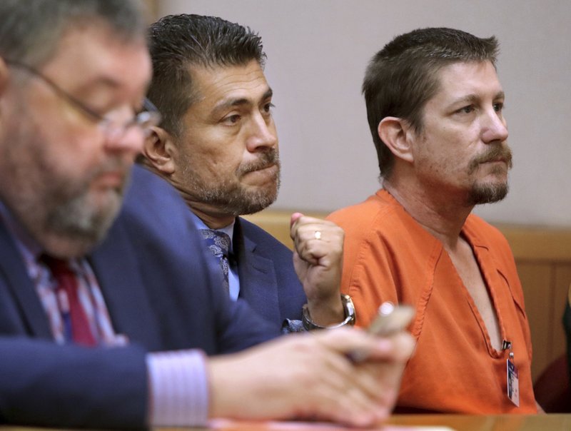 In a Aug. 23, 2018 file photo, Michael Drejka sits in court during a bond hearing at the Pinellas County Justice Center in Clearwater, Fla. (Jim Damaske/Tampa Bay Times via AP, File)