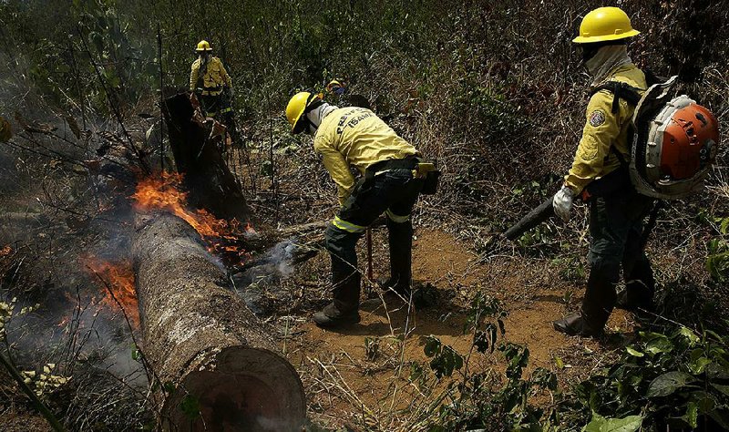 Firefighters work to put out a forest fire Sunday along the road to Jacunda National Forest in Brazil’s Rondonia state. Leaders of the Group of Seven nations said Sunday that they are preparing to help Brazil fight the fires burning across the Amazon rain forest and repair the damage. 