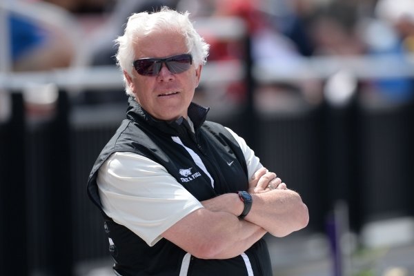 Arkansas coach Lance Harter watches Saturday, April 27, 2019, during the National Relay Championships at John McDonnell Field on the campus of the University of Arkansas in Fayetteville.