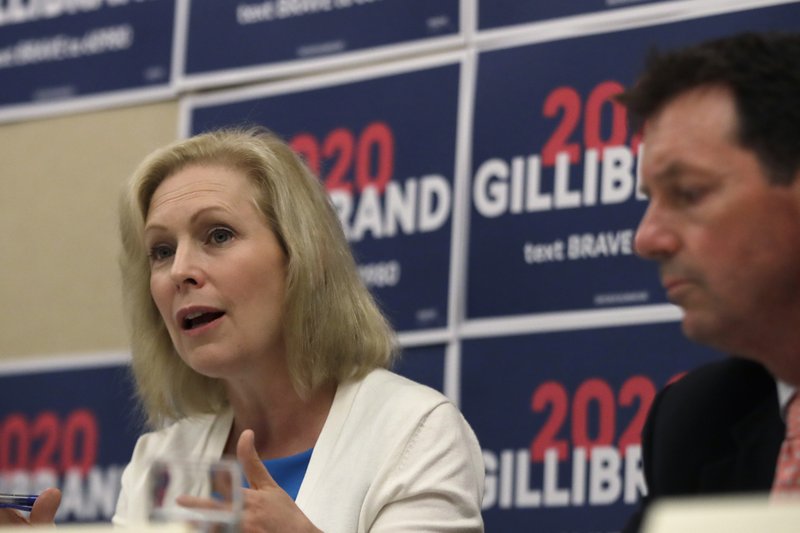 Democratic presidential candidate Sen. Kirsten Gillibrand, D-N.Y., participates in a mental health roundtable discussion with State Senator Tom Sherman, Tuesday, Aug. 20, 2019, in Manchester, N.H. (AP Photo/Elise Amendola)
