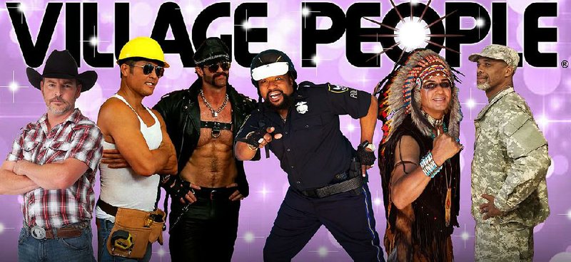 Village People perform Saturday at Magic Springs in Hot Springs. They are Chad Freeman (left), James Kwong, Jeffrey Lippold, Victor Willis, Angel Morales and James Lee. 