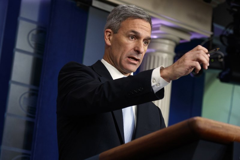  In this Aug. 12, 2019 file photo Acting Director of United States Citizenship and Immigration Services Ken Cuccinelli, speaks during a briefing at the White House in Washington. The Trump administration has unveiled new rules that will make it harder for children of some immigrants serving in the military to obtain citizenship. U.S. Citizenship and Immigration Services released updated guidance Wednesday, Aug. 28, 2019, that appears to mostly affect non-citizen service members. (AP Photo/Evan Vucci,File)