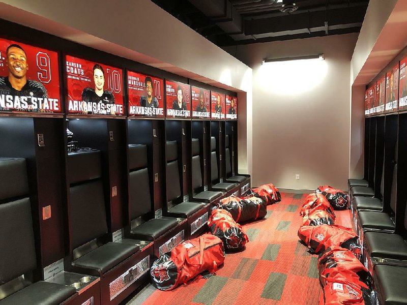 A new locker room for Arkansas State’s players is part of ASU’s new Centennial Bank Athletics Operations Center, a 66,500-square-foot building that is part of a $29 million renovation of the north end zone at Centennial Bank Stadium. ASU players saw the inside of the facility for the first time Sunday.