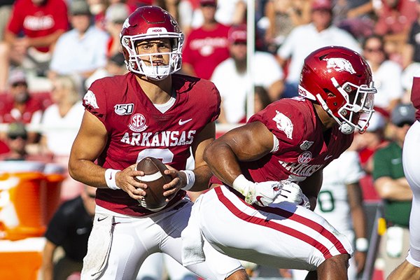 Arkansas quarterback Ben Hicks drops back during a game against Portland State on Saturday, Aug. 31, 2019, in Fayetteville. 